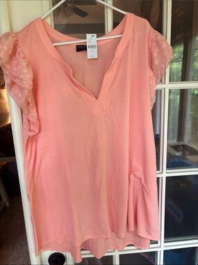 Lane Bryant Pink V-Neck Tunic with Sheer Dot Ruffle Sleeves